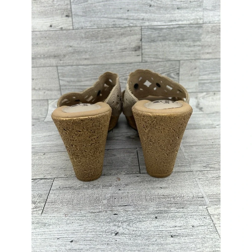 Spring Step Women Beige Leather Laser Cut Floral Wedge Slide Sandals Italy Sz 38
